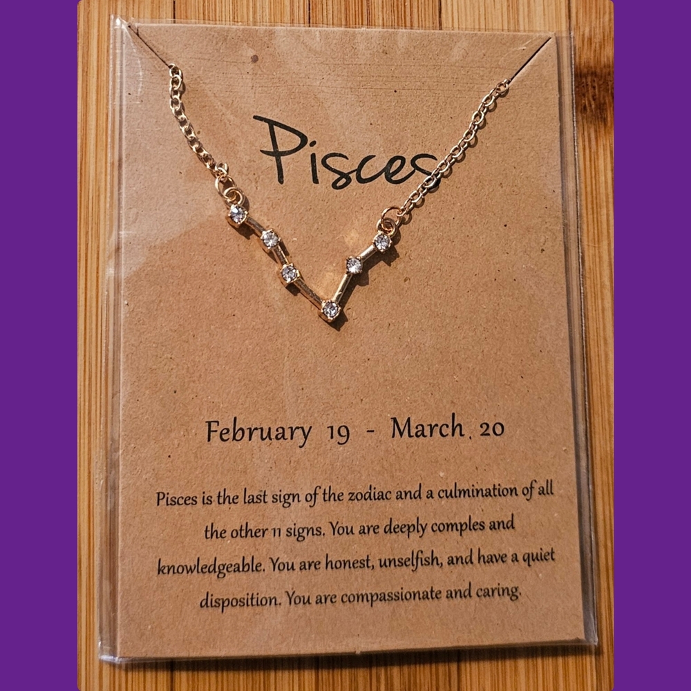 Pisces Zodiac Necklace in Gold Tone with Rhinestones
